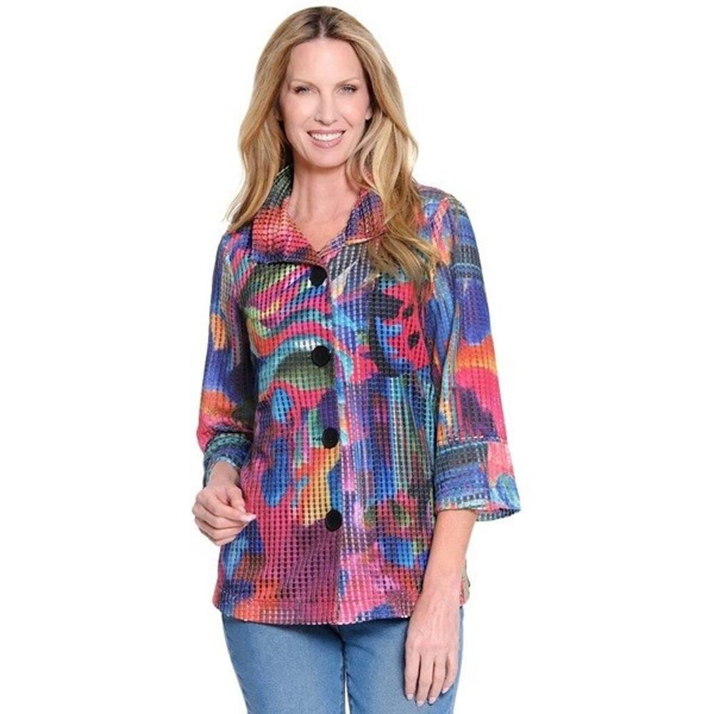 Ali Miles 2X Top Button Up Pink Graffiti Art Overshirt Collar Stays 3/4 Sleeves
